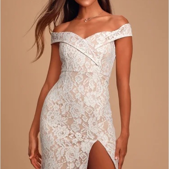 BRAND NEW WITH TAGS LULUS TABLE FOR TWO OFF THE SHOULDER DRESS IN WHITE/NUDE - Picture 5 of 5